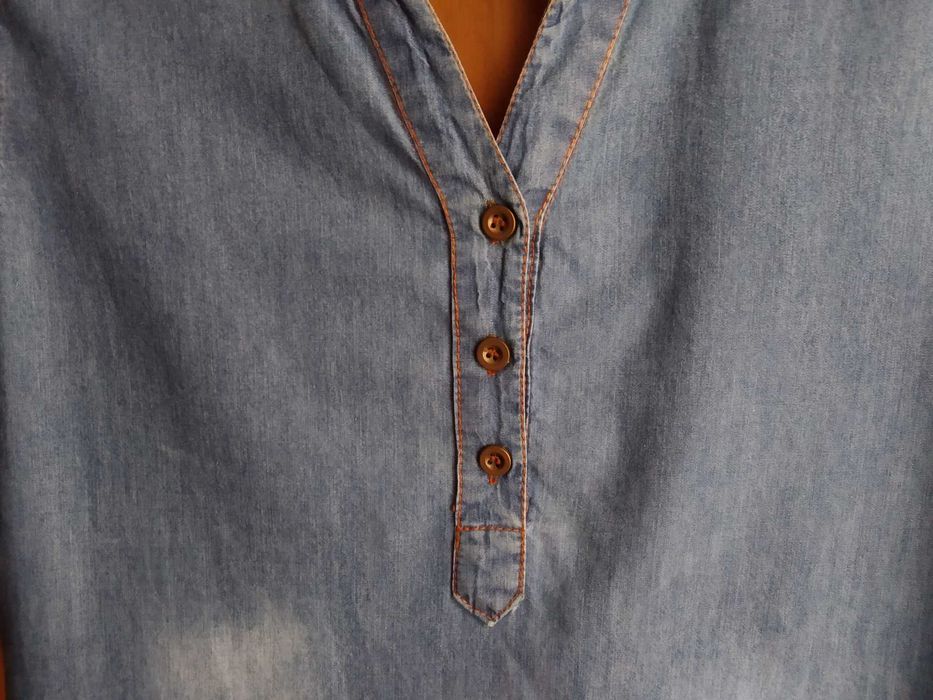 (PORTES GRÁTIS) Vestido de Ganga com Bolsos e Manga com Presilha