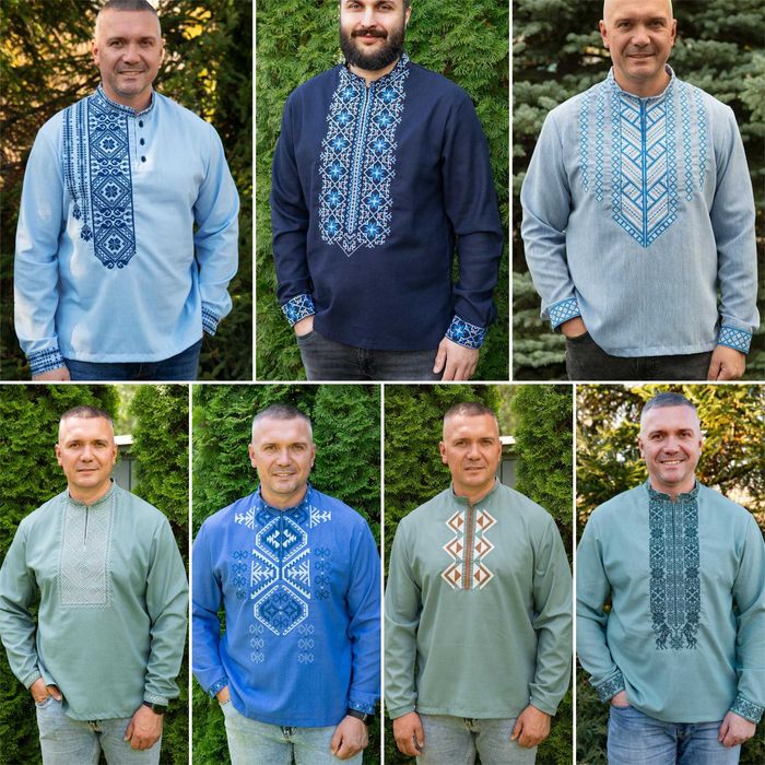 Чоловічі вишиванки різних відтінків синього та зеленого кольорів, льон