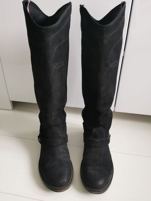 Tommy Hilfiger r. 37 skóra naturalna zamsz czarne kozaki do kolan