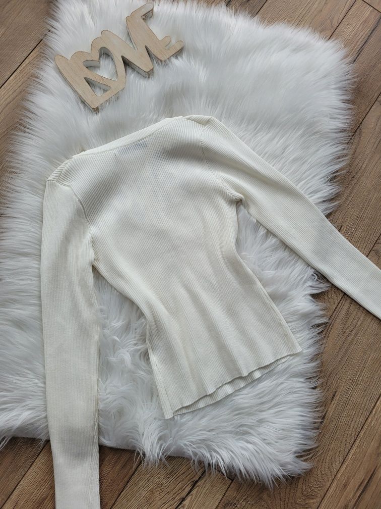 Sweter cieńki sweter dzianina prążkowa dekolt Serce ecru