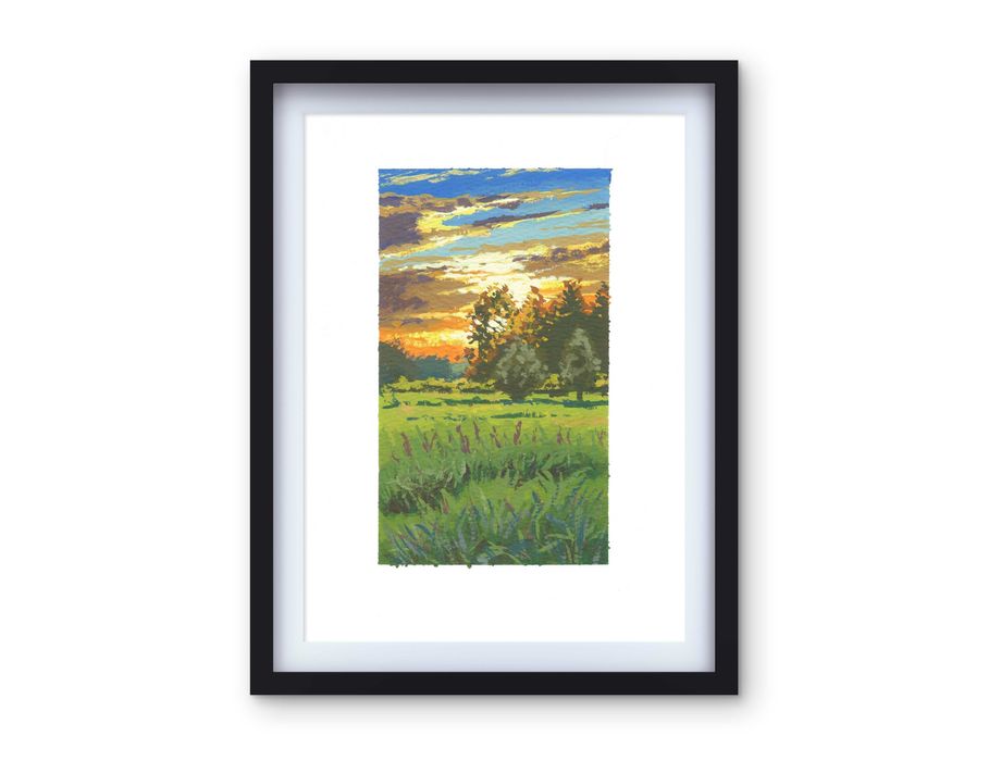 Obraz Gwasz "Zachód słońca" 14.8 x 21.0 cm (A5) Pejzaż Widok Zachód