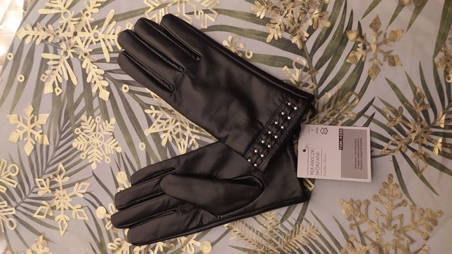 Czarne skórzane rękawiczki 7 nowe z metką ćwieki