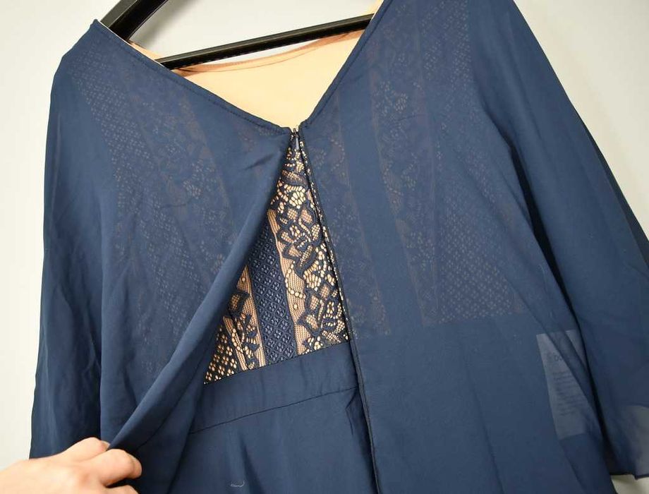 Zwiewna wizytowa sukienka Bonprix granatowa koronkowa 38 długa nowa