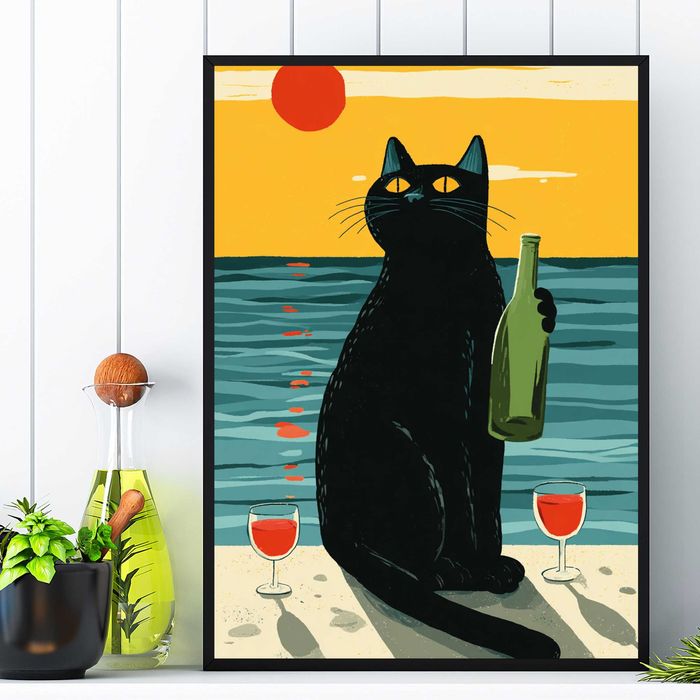 plakat kot i lato do pokoju salonu kuchni, plakat czarny kot i lato