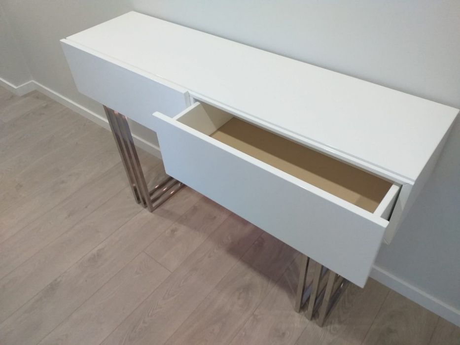 Consola 2 Gavetas Branco Alto Brilho e Inox Polido