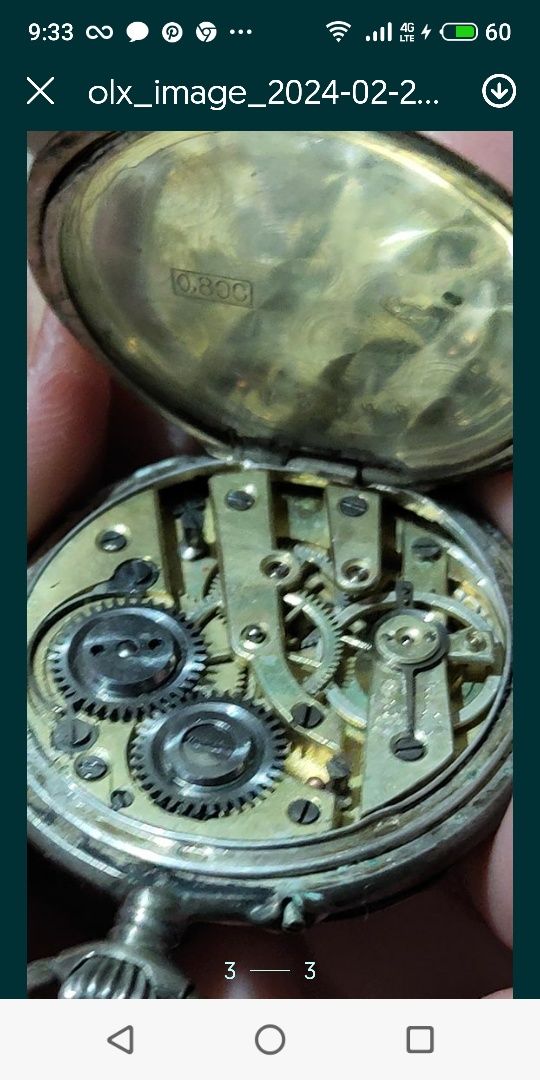 Швейцарские карманные часы Remontoir Cylindre 10 rubis серебро 800".