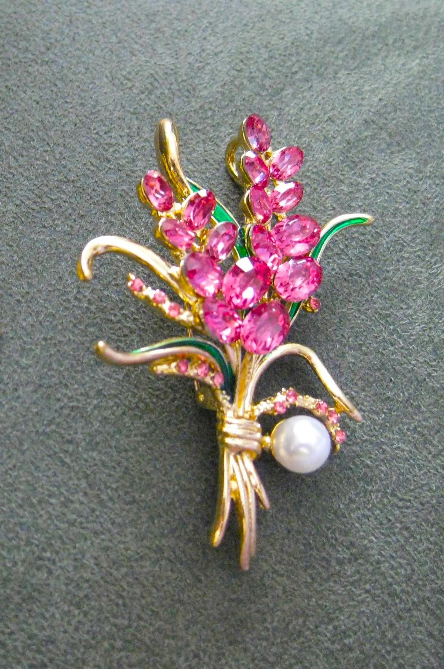 Alfinete / Broche / Pregadeira Ramo Flores Rosa c/ Perola NOVO