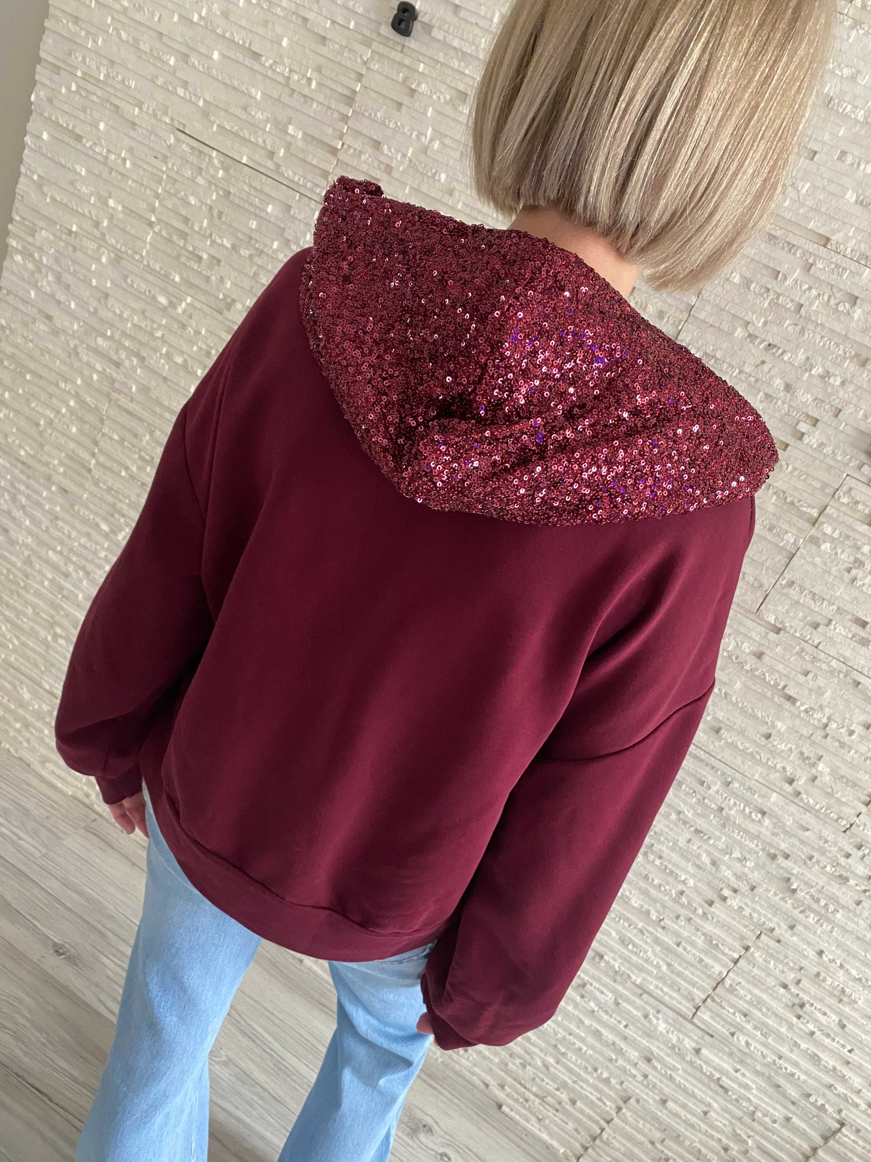 Mihos nowa czadowa bluza bordo kaptur cekiny napis Uni