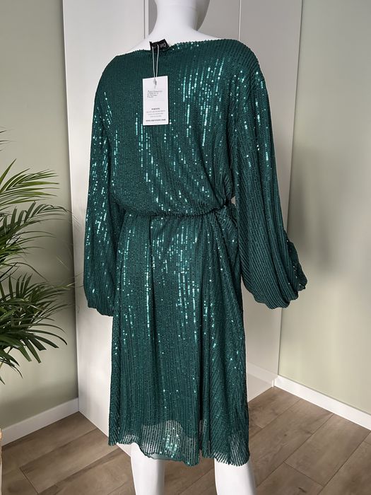 Sukienka zielona cekiny błyszcząca plus size cekinowa midi nowa rękaw