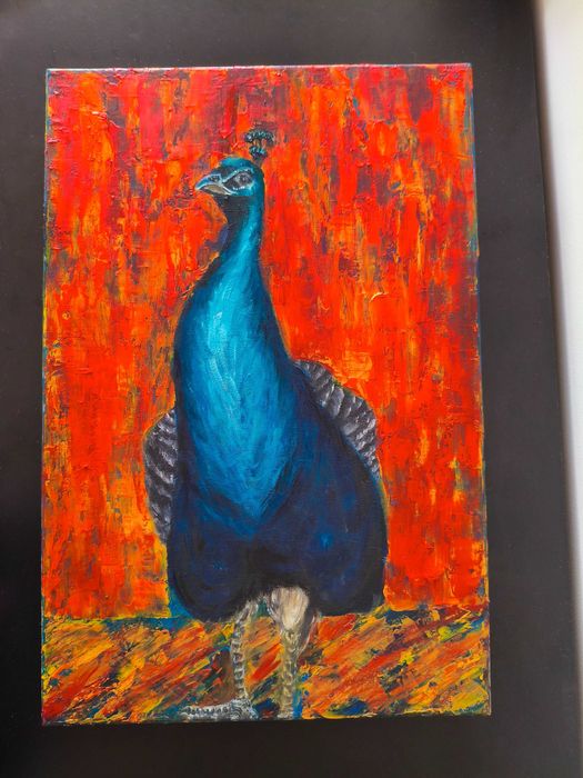 Obraz Olej Paw Czerwień 40x60 Impasto Abstrakcja Pióra Faktura