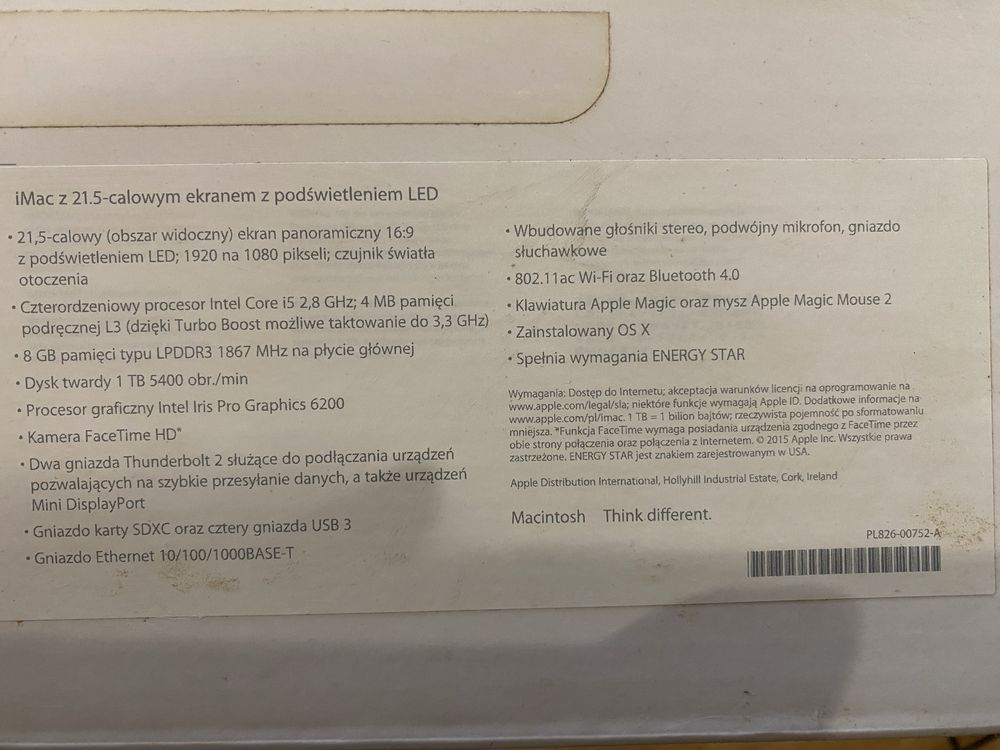 Apple iMac 21,5 late 2015, klawiatura, myszka