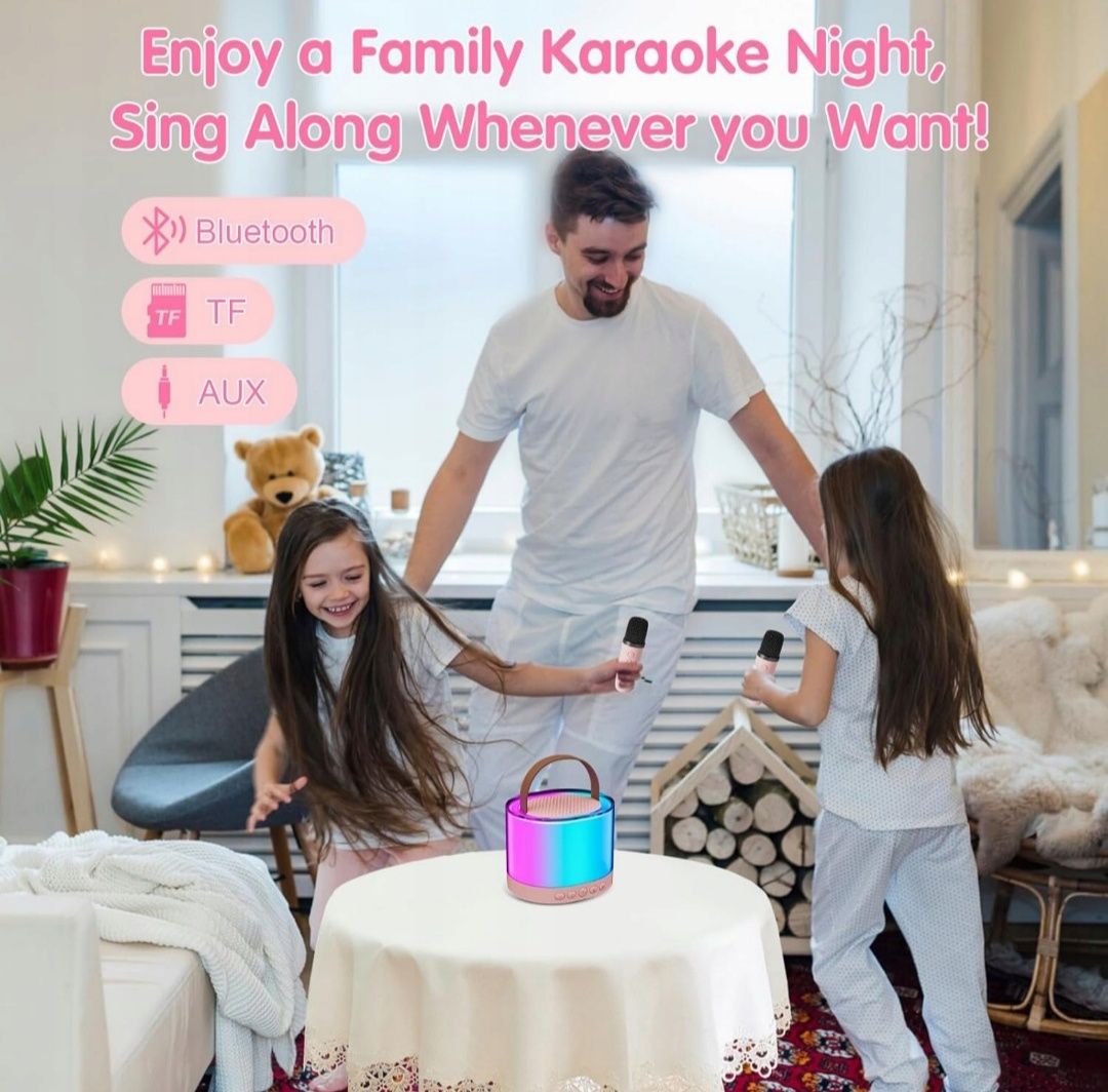 Głośnik bezprzewodowy przenośny 2w1 LED 2 mikrofony karaoke bluetooth