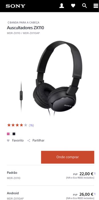 SONY Auscultadores Stereo com Fio e Microfone MDR-ZX110