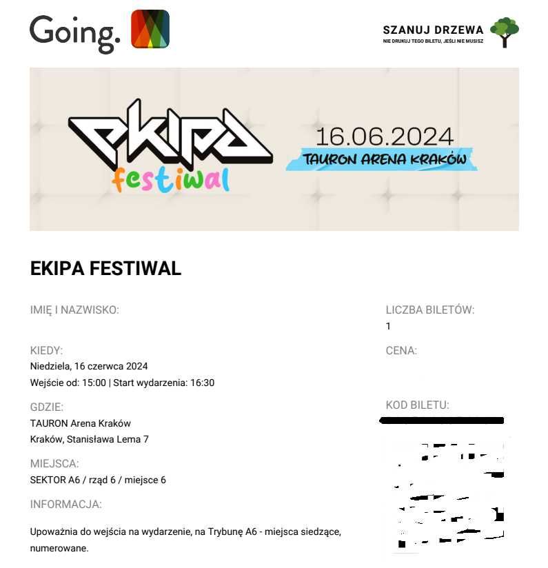 Bilet Ekipa Festiwal Tauron Arena Kraków 16.06.2024