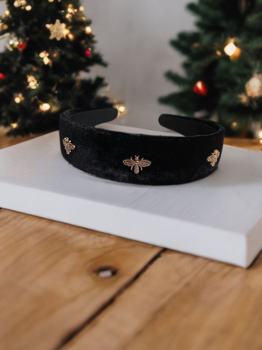 Opaska do włosów Vintage Gold Bee aksamitna/miękka, Czerń/Black