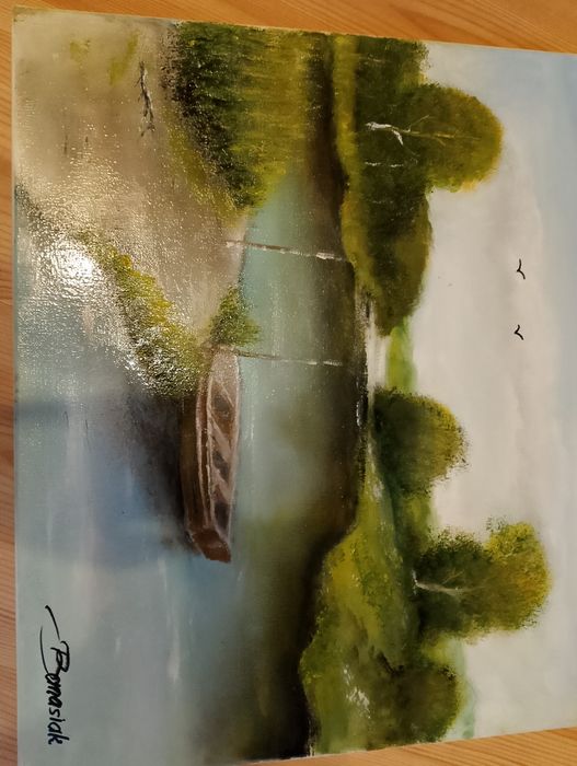 Obraz 50/40 cm łódka przy pomoście rękodzieło