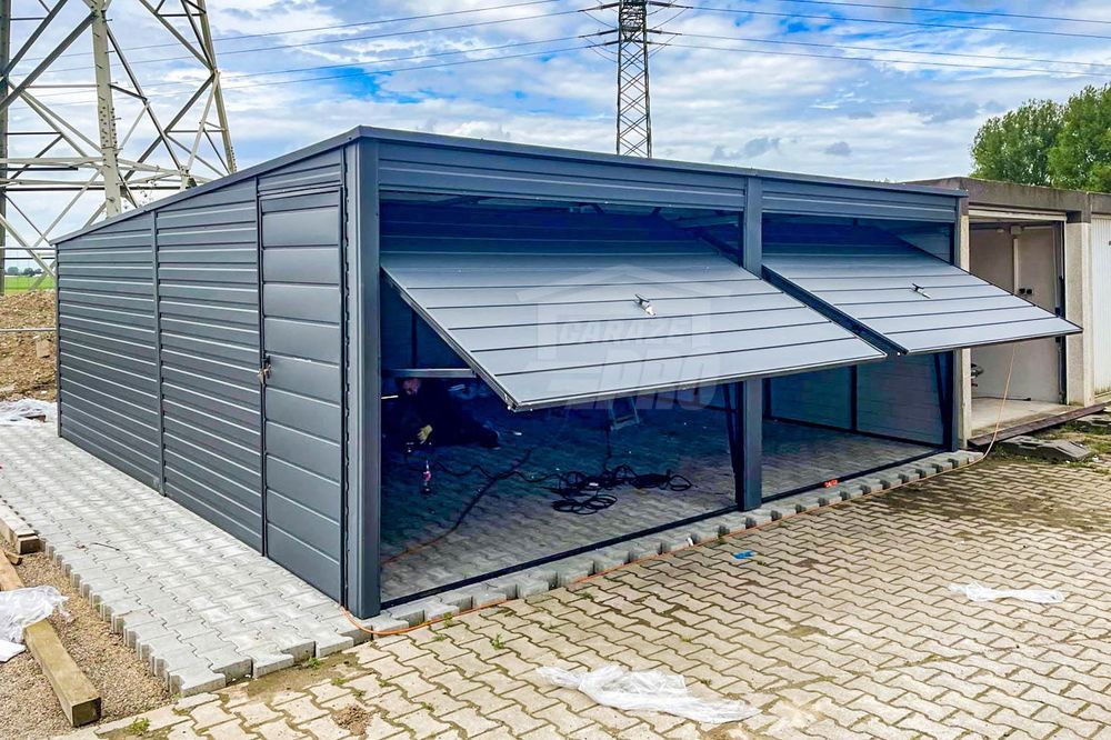 Garaż Blaszany 6x6m 2x Brama Uchylna Drzwi Antracyt dach spad GP413