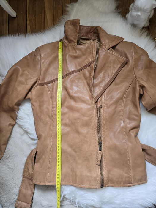 Kurtka ramoneska S Stradivarius camel skóra 100%