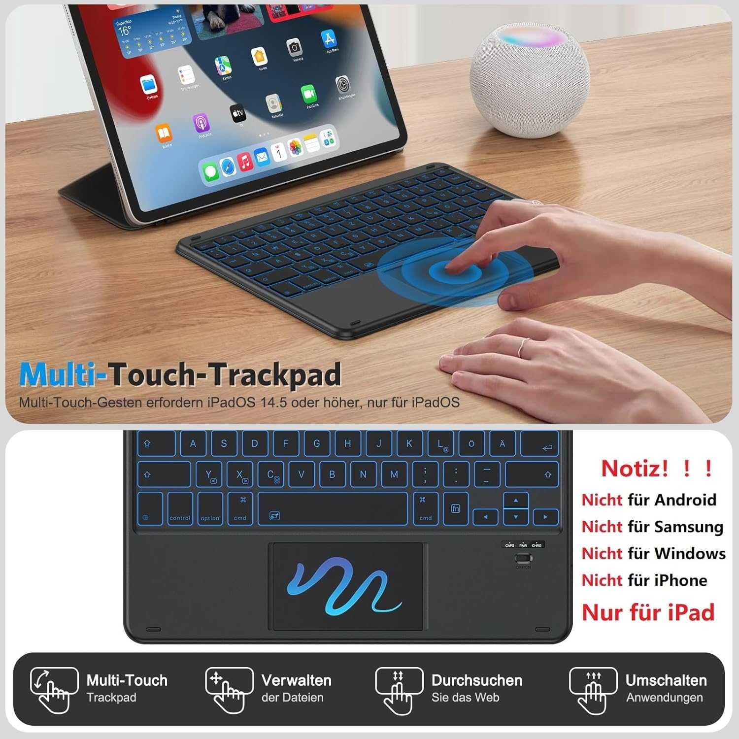 Bezprzewodowa Klawiatura z Trackpadem,7kolorowe Podświetlenie,dla iPad