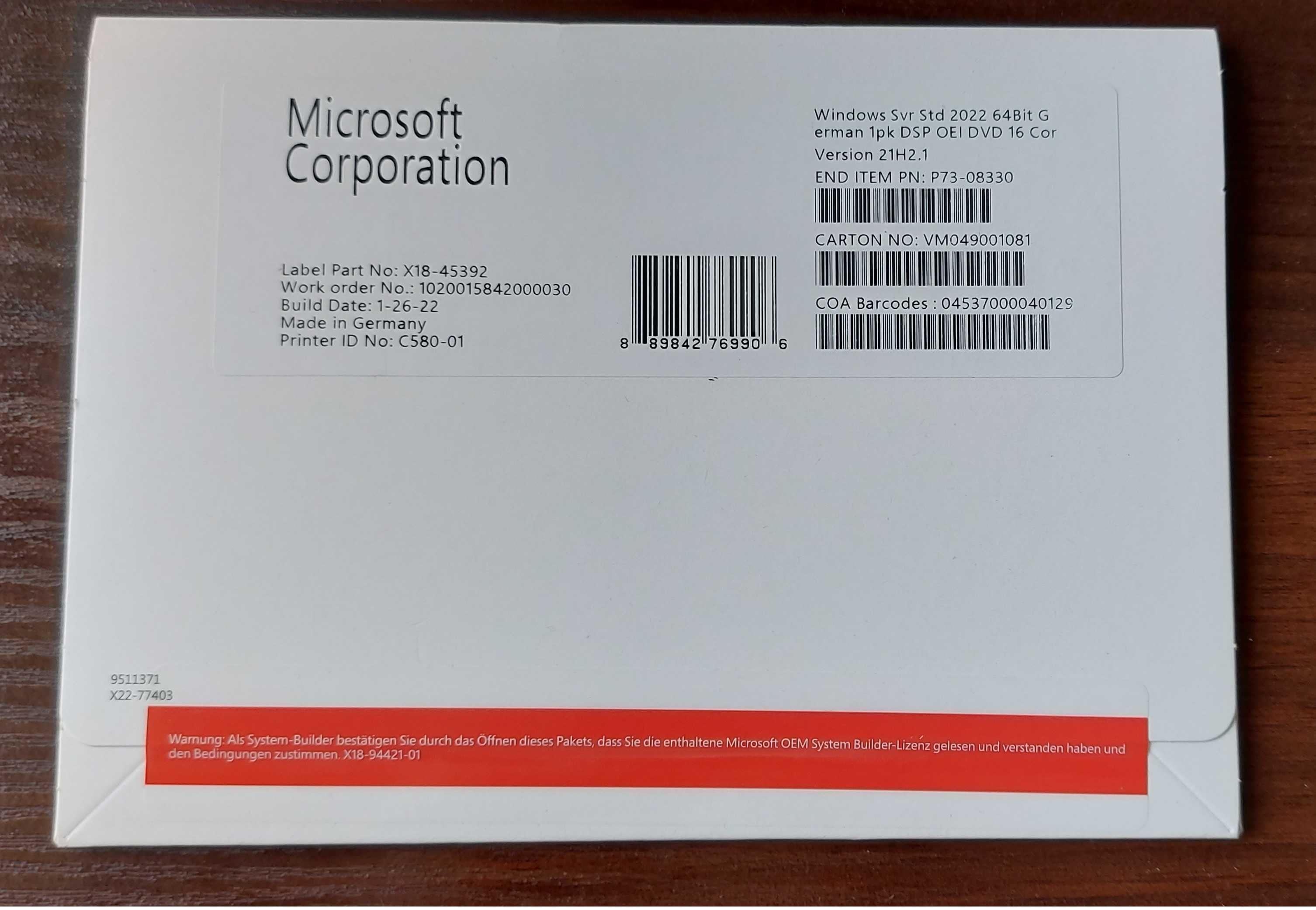 Microsoft Windows Standard Server 2022 16 Core German