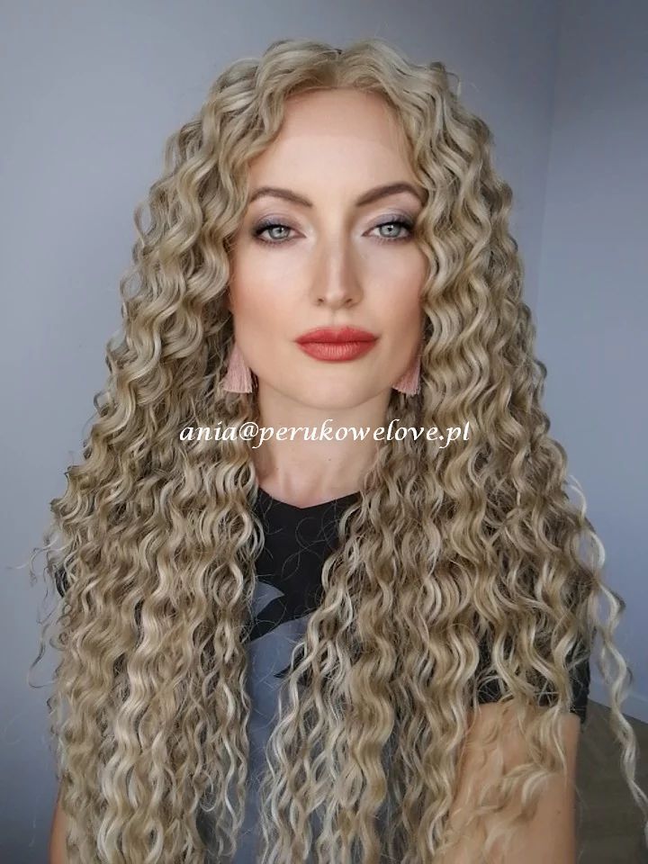 Peruka LACE FRONT blond z refleksami afro loki włosy na co dzień