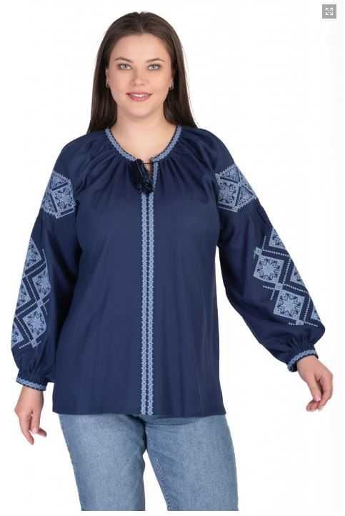 Жіноча блакитна лляна вишиванка, розміри S, M, L, XL, 2XL, 3XL