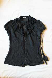 Czarna przewiewna elegancka koszula z ozdobnym żabotem 36