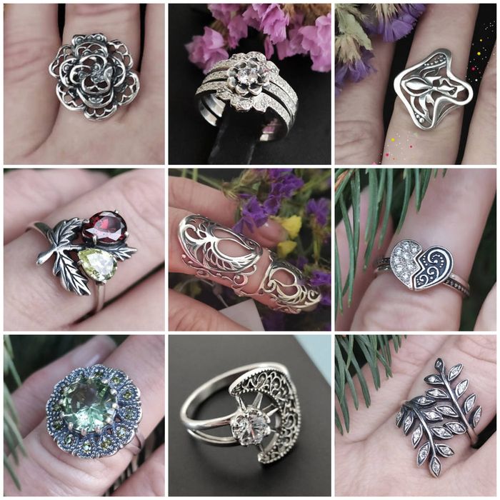 Нові срібні каблучки, 72 дизайни, різні розміри