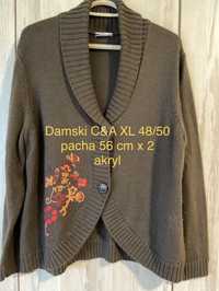 C&A brązowy damski kardigan sweter XL 48/ 50 haftowane kwiaty Vintage