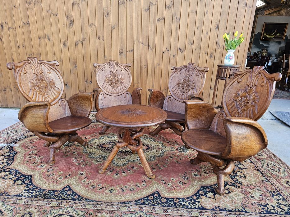 Rzeźbione  fotele 4 szt + stolik orzech orient wypoczynek #1592 Węgrów