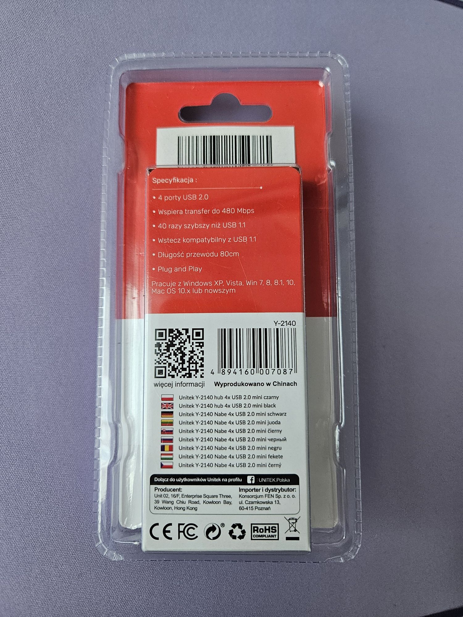 Unitek HUB USB 4-portowy USB 2.0 czarny kable 80cm
