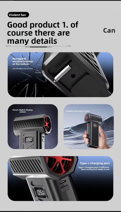Mini dmuchawa TURBO JET FAN z latarką i LCD wielofunkcyjna