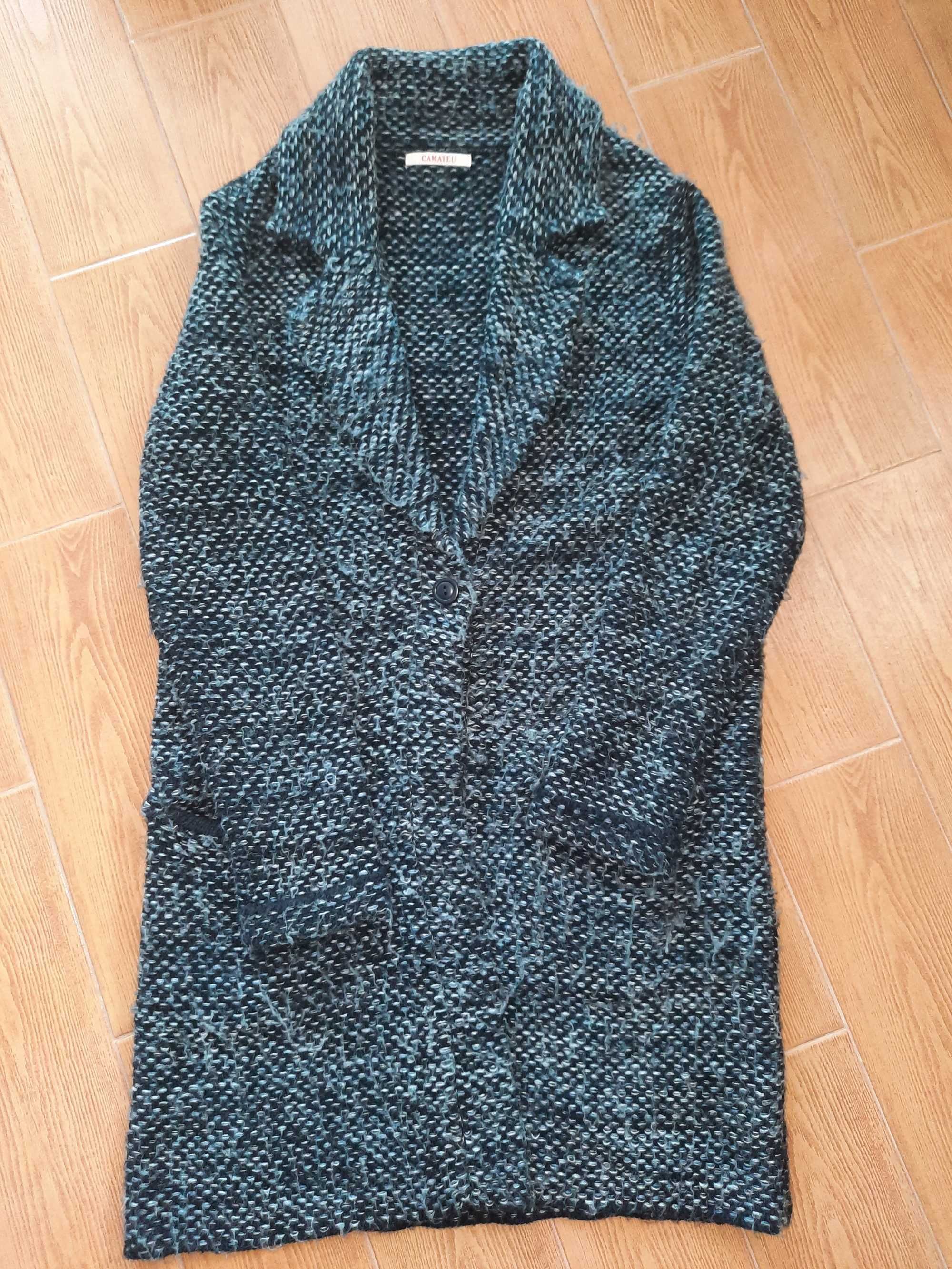 Długi, rozpinany, granatowy sweter z kołnierzykiem; Camaieu rozm. 42/L