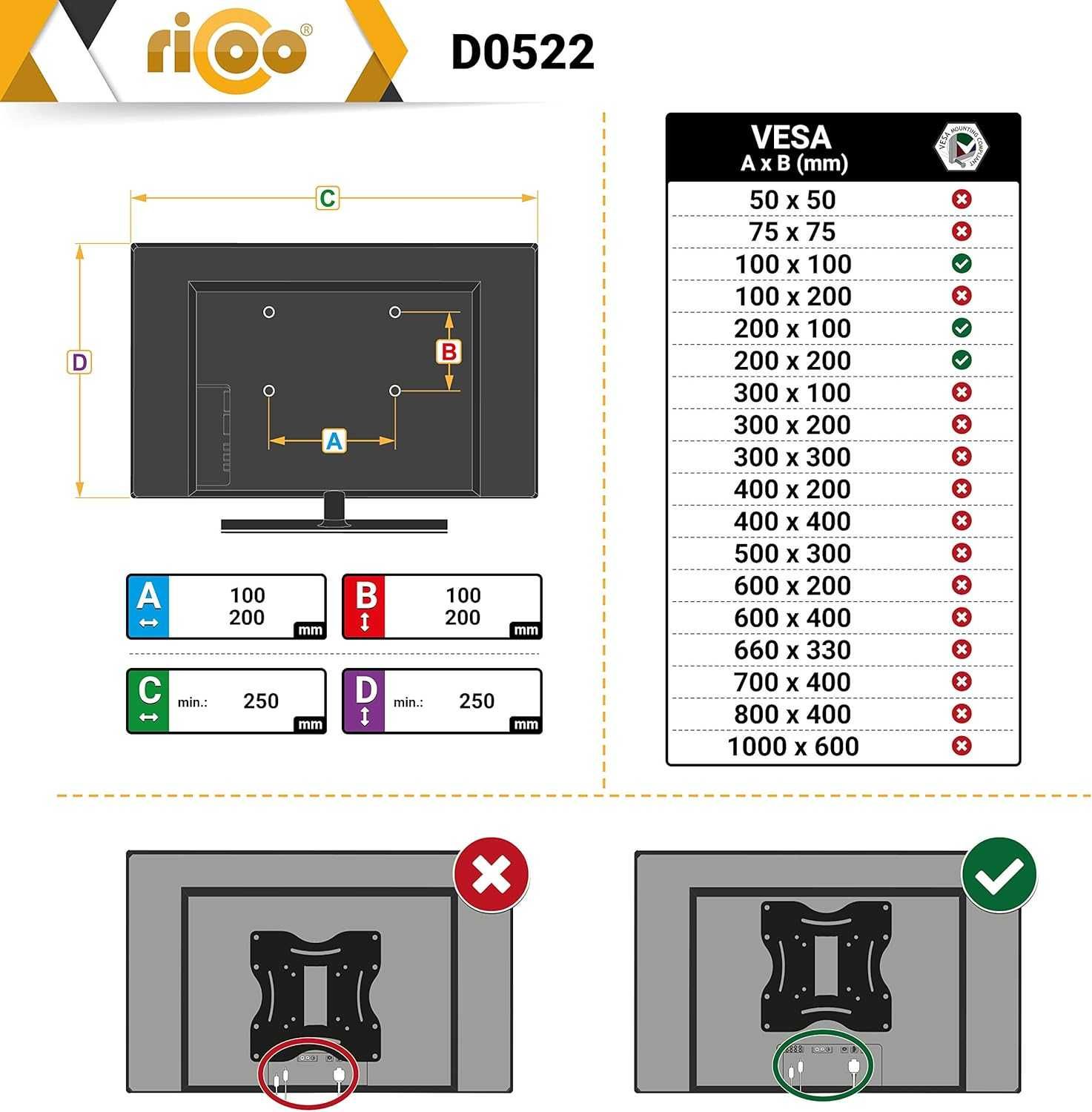 RICOO D0522 Uchwyt sufitowy do TV 23-42" VESA 200x200 regulowany