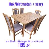 Nowe: Stół 80x140/180 + 6 krzeseł, buk/wotan + szary, dostawa cała PL