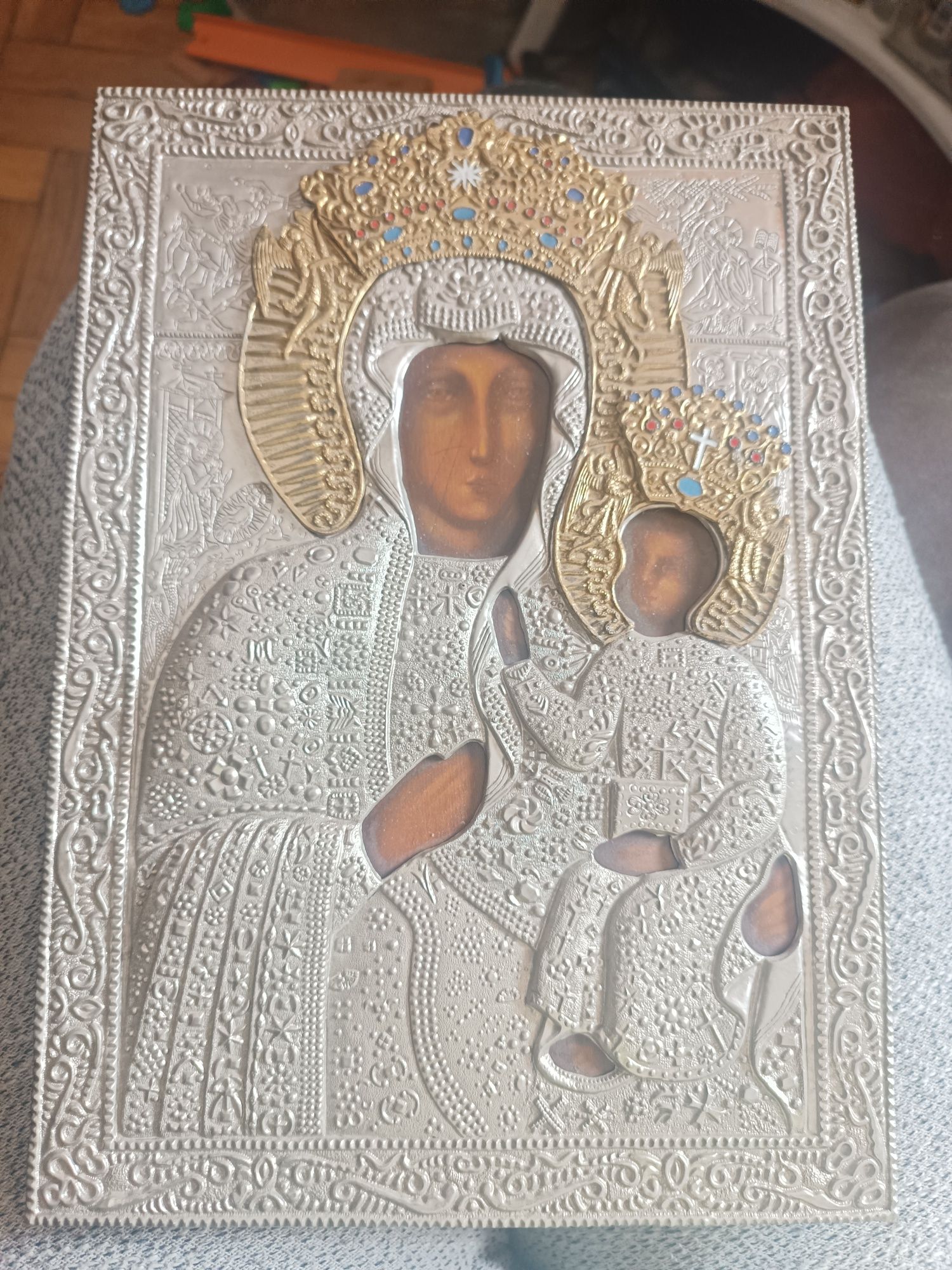 Ikona Matki boskiej częstochowskiej duża antyk srebro