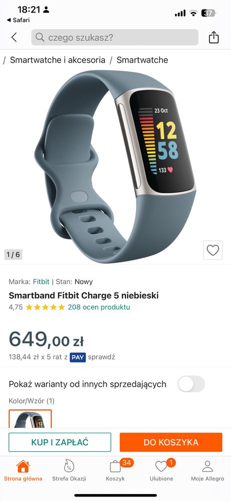 Smartband Fitbit Charge 5 niebieski opaska sportowa