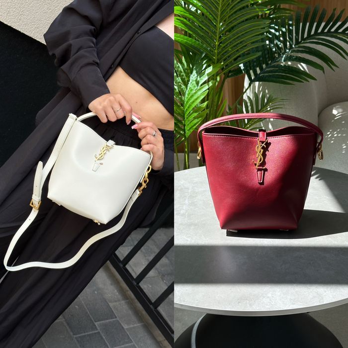 Сумка YSL Yves Saint Laurent Medium Le 37 Shiny Bucket біла, бургунді