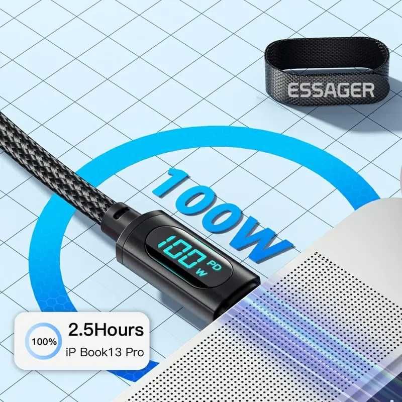 Kabel z Wyświetlaczem ESSAGER 1m USB-C - USB-C 100W QC Czarny Przewód