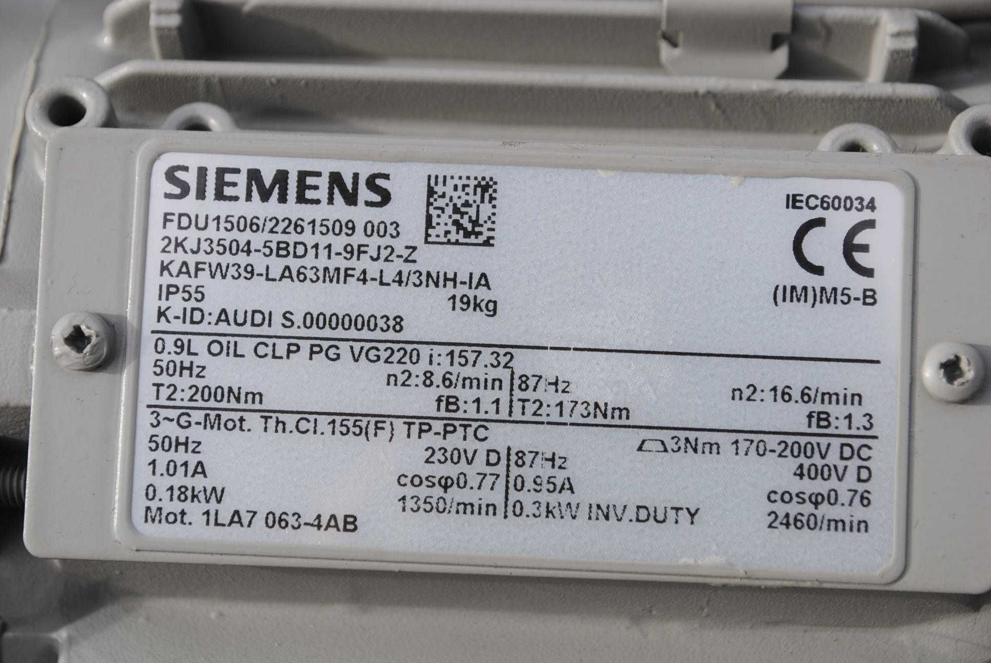Motoreduktor kątowy 0.18kw. 8,6obr. z hamulcem. Siemens
