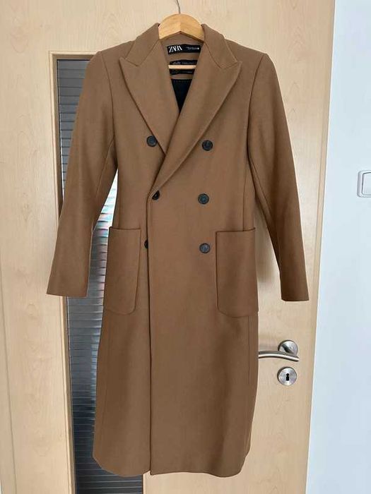 Płaszcz Zara wełna Manteco wełniany brązowy camel rozm XS NOWY