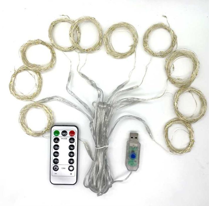 ХИТ! LED Гирлянда штора 3*2м USB капля росы с пультом Тёплый белый