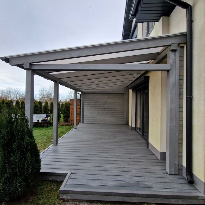 Zadaszenie tarasu, wiata postojowa, konstrukcja drewniana, pergola