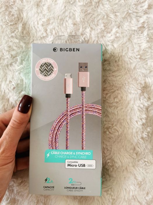 Kabel Micro-USB Bigben 2m 2A różowy z oplotem