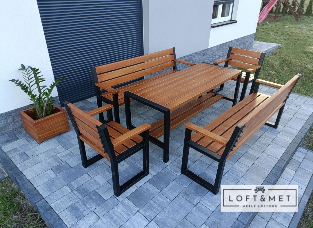 Meble ogrodowe LOFT&MET stół + 2 krzesła + 2 ławki