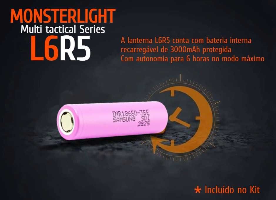 Kit lanterna tática MonsterLight L6R5 com bateria recarregável Samsung