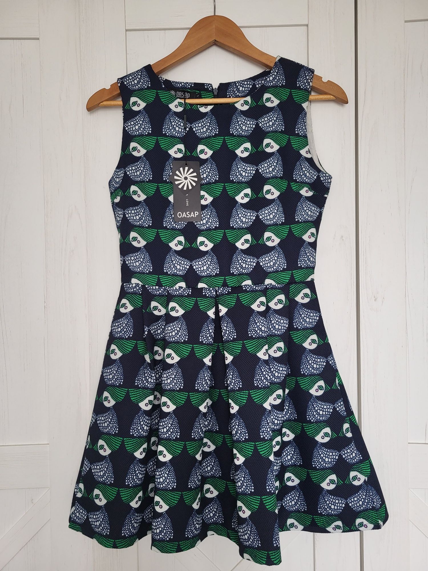 Retro sukienka gruby materiał zara mango vintage granatowa wzór