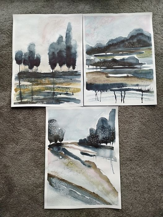 "Pejzaż jesieni" zestaw 3 akwareli o dużym formacie 30×40 cm. Unikat