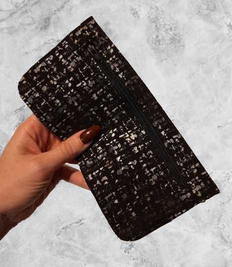 Saszetka Skórzana Marmurkowy Wzór Ręcznie Szyta Etui na Zamek Czarna