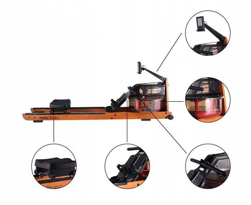 Wioślarz wodny do ćwiczeń Mobifitness Pro Max drewniany drewno 120kg
